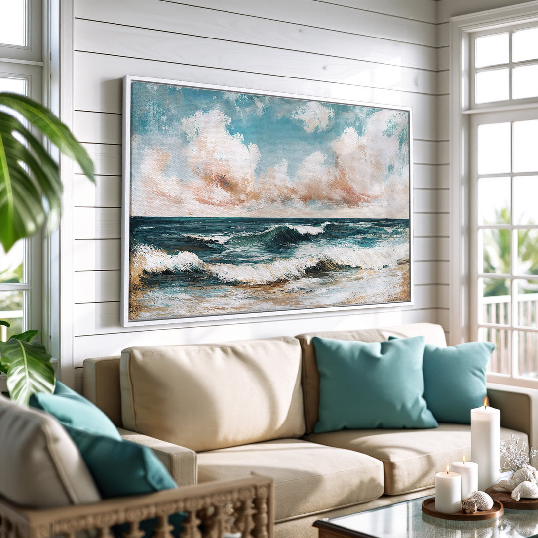 Framed Wall Art: Coastal seascape painting in blue, teal, and peach tones. Impressionistic style canvas print adds a serene touch to any living room.