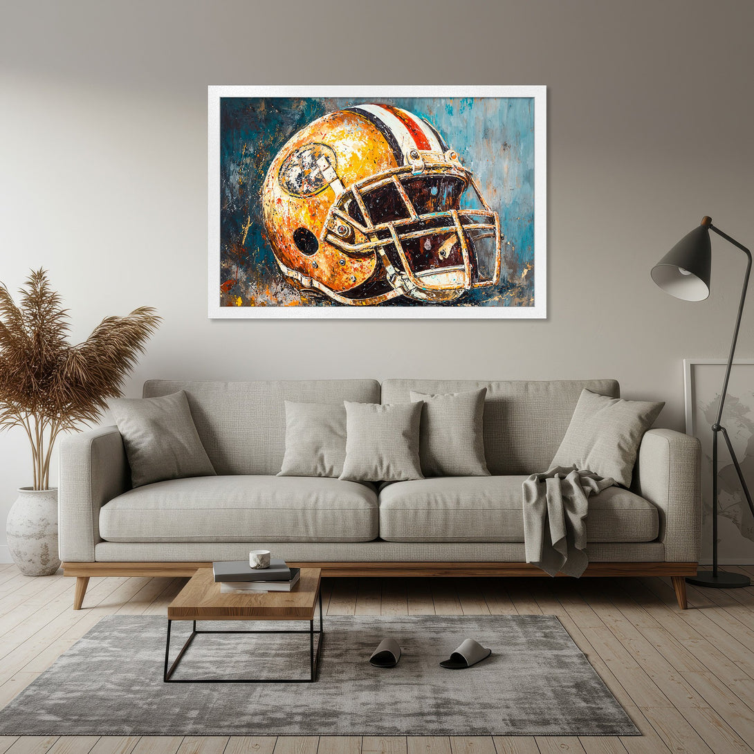 Framed Poster of a football helmet in an abstract style with a warm, earthy color palette. Perfect wall art for sports fans!