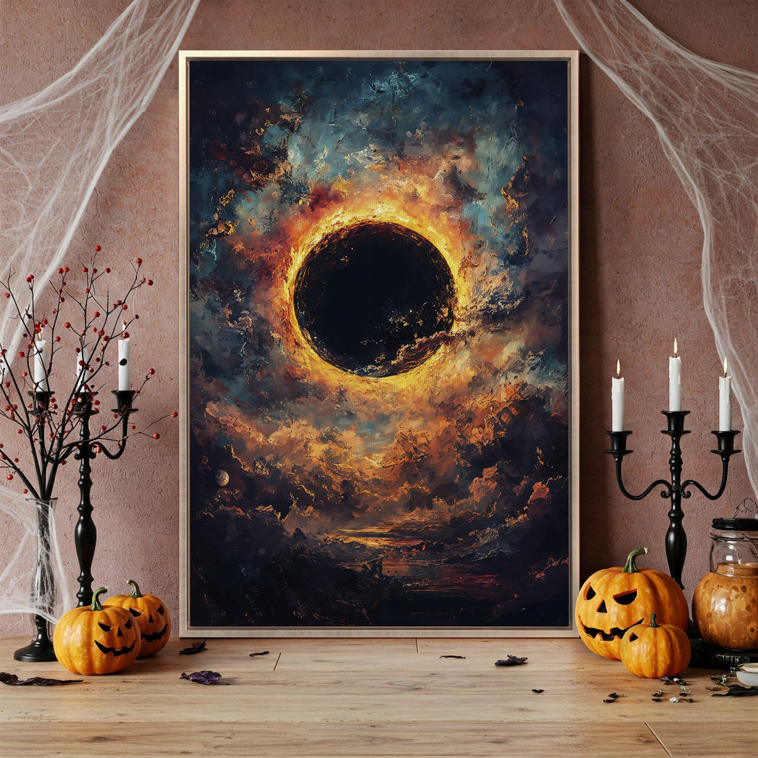 Framed Wall Art: Abstract celestial artwork in fiery orange, blue, and black. Perfect for Halloween decor. Add a touch of mystery to your space!