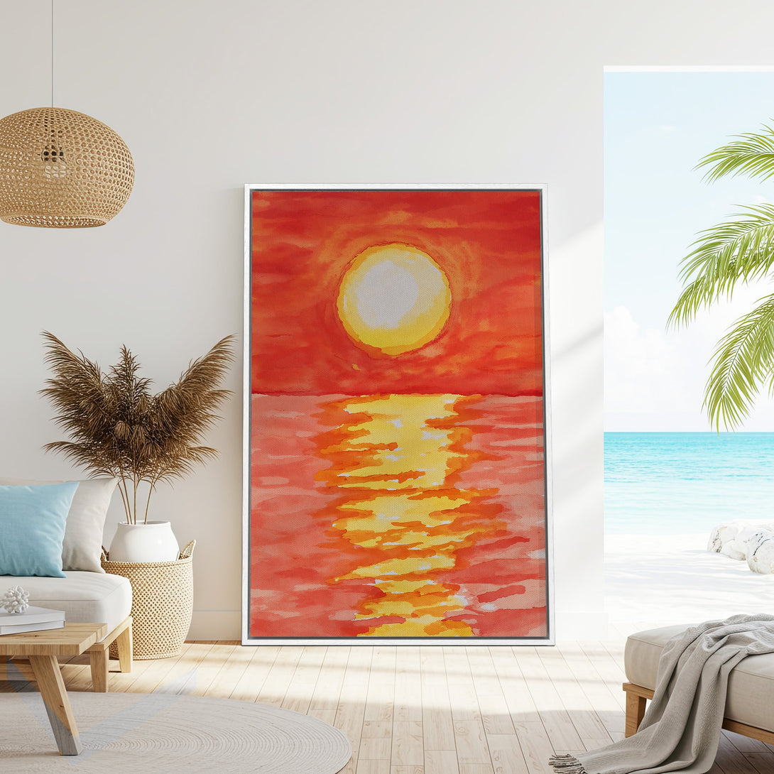 Framed Wall Art: Watercolor sunset over the ocean in warm orange and yellow hues. Perfect coastal decor to brighten any space.