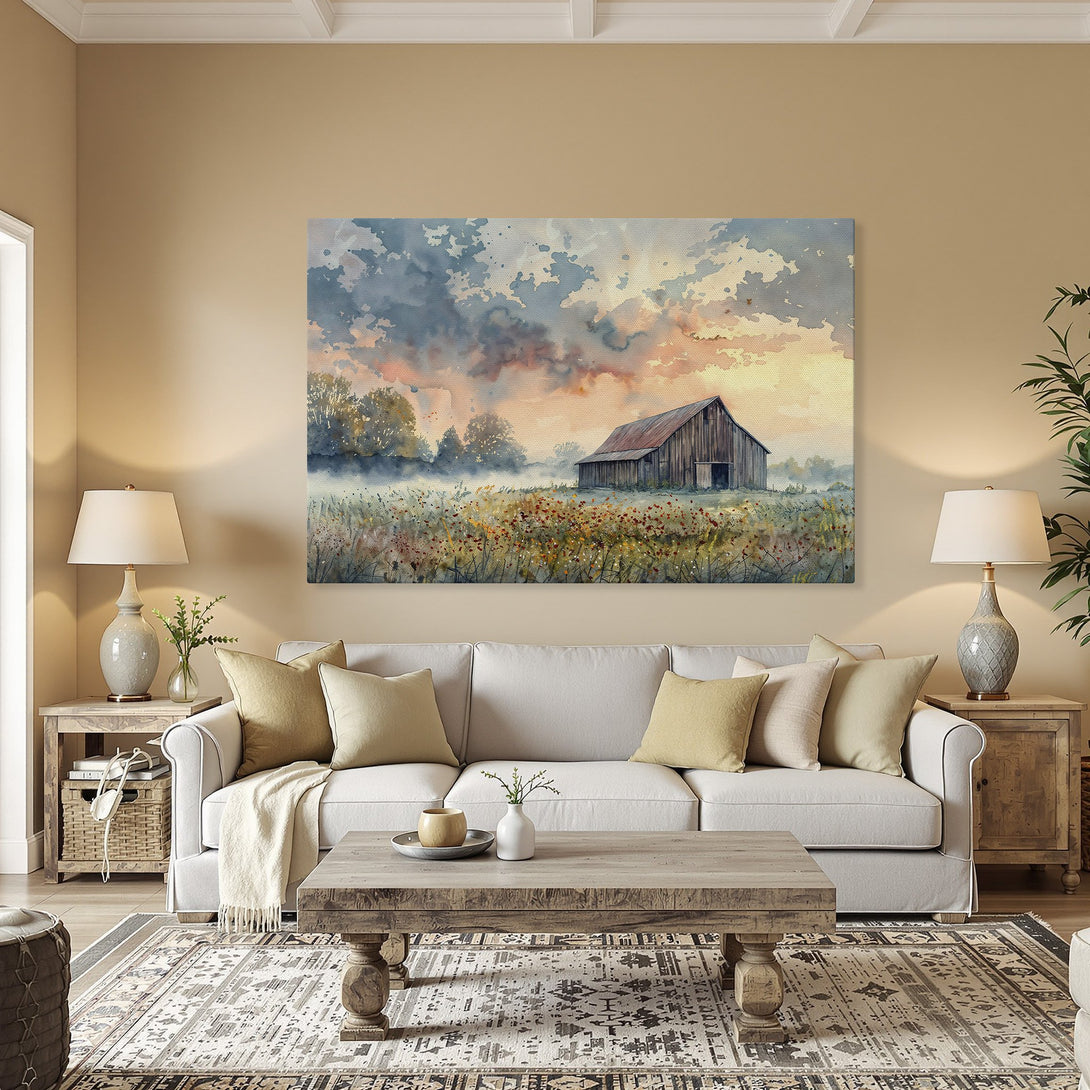 Framed Wall Art: Watercolor barn scene in warm sunset hues. Rustic art for your home. Shop now!