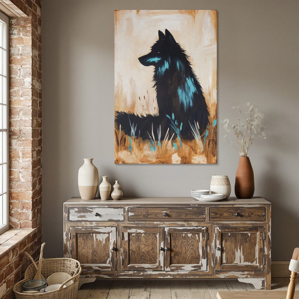 Framed Wall Art: Abstract wolf painting with teal accents. Modern canvas print in a dining room setting. Earth tones and bold style.