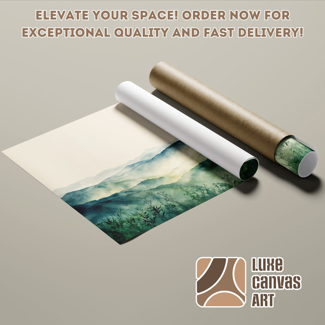 Poster Roll featuring a watercolor landscape in green and blue hues. Elevate your space with art!