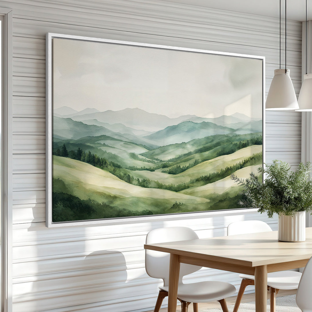Framed Wall Art featuring a watercolor landscape of rolling green hills and mountains. Serene, calming artwork with a soft, muted color palette. Perfect for home decor.