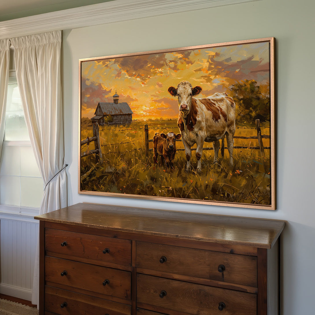 Framed Wall Art: Rustic cow painting with warm sunset tones. Farmhouse style canvas print, perfect for adding a touch of country charm to your home decor.