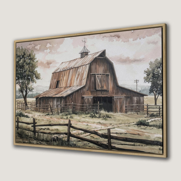Framed Wall Art featuring a watercolor painting of a rustic barn in a neutral color palette. Perfect farmhouse decor!