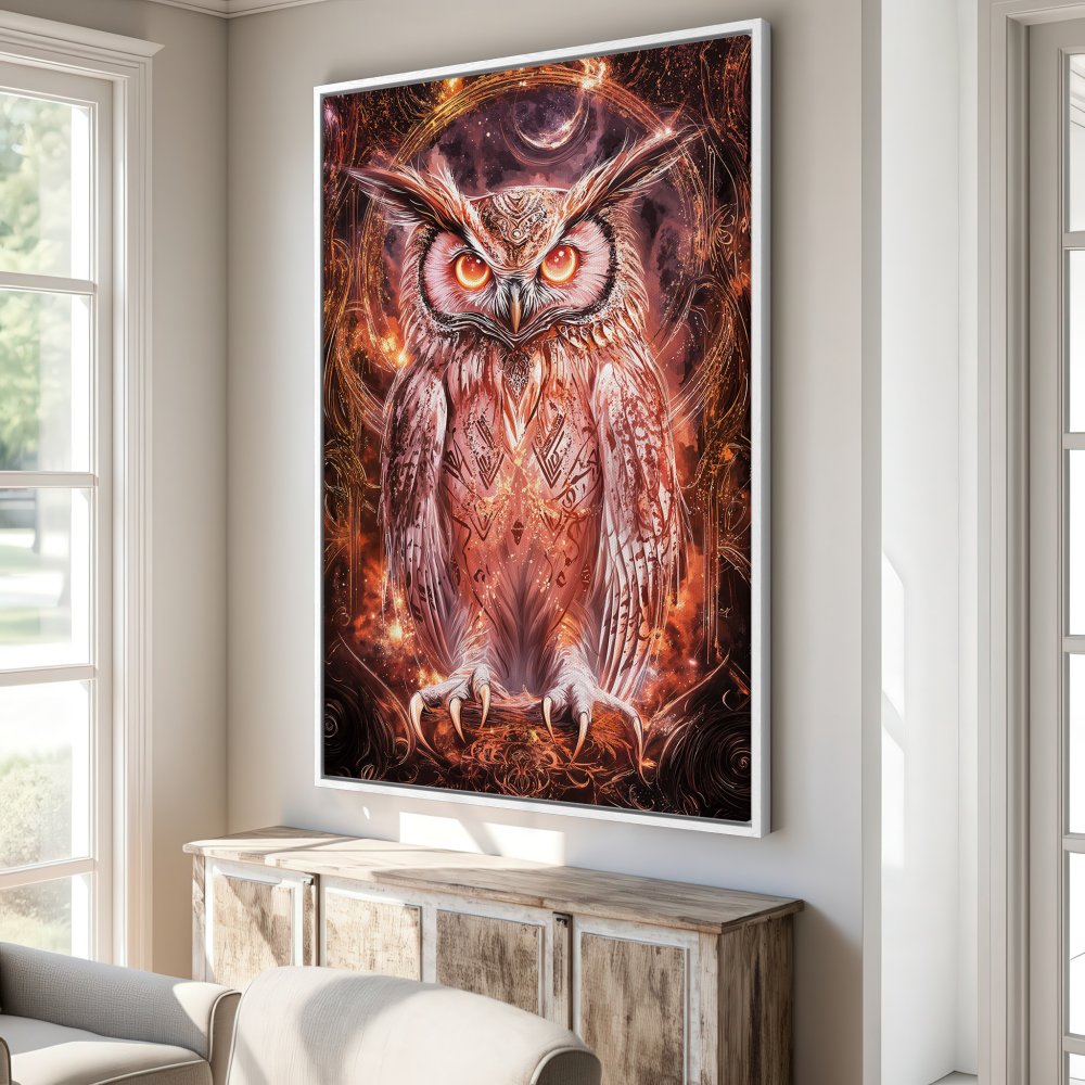 Framed Wall Art: Majestic owl canvas print in warm orange and red tones. Perfect for adding a mystical touch to your home decor.