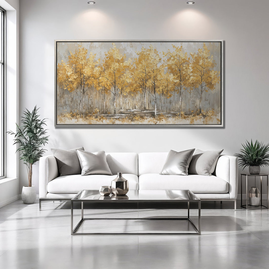 Framed Wall Art featuring a golden tree landscape. Modern abstract style with a warm gold and gray color palette, perfect for living room decor.