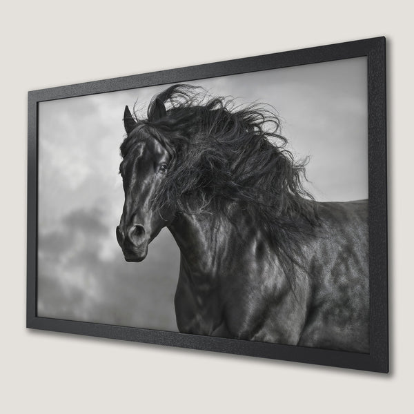 Framed Poster featuring a majestic black horse. Stunning monochrome art print, perfect for any space. Elevate your decor with this elegant Poster.