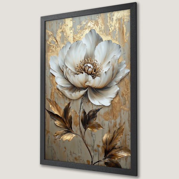 Framed Poster featuring a white peony with gold accents, in an elegant, textured style. Neutral and gold color palette.