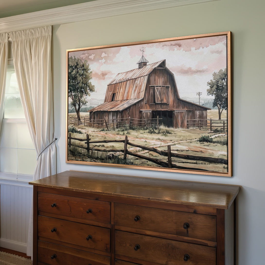 Framed Wall Art: Rustic barn watercolor print with warm brown and beige tones. Farmhouse style canvas print adds cozy charm to any space.