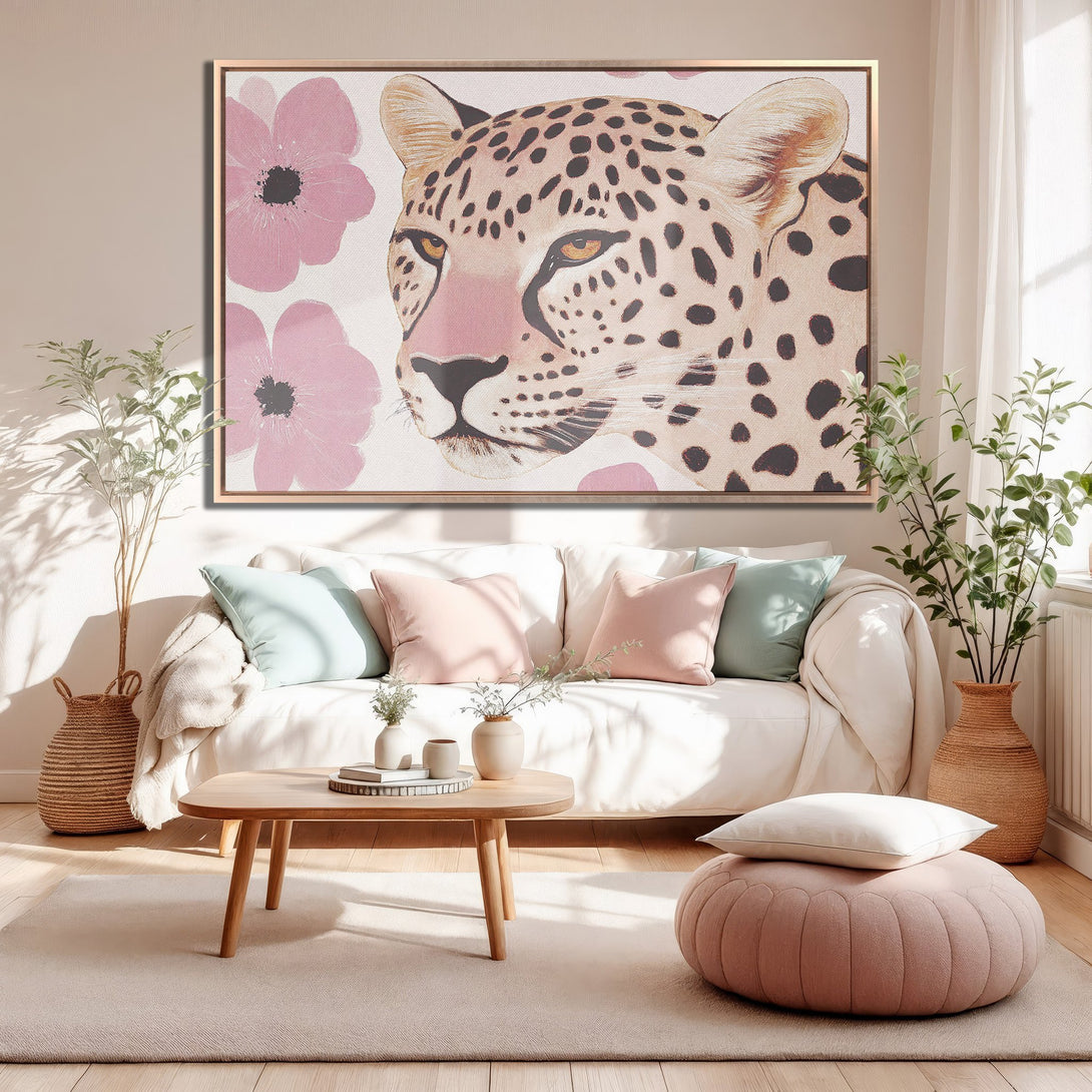 Framed Wall Art: Leopard portrait with pink flowers. Soft, neutral color palette. Perfect for adding a touch of modern elegance to your home decor.