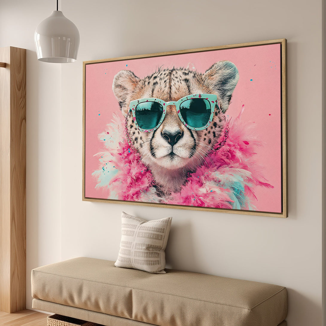Framed Wall Art: Stylish cheetah portrait with sunglasses and pink boa. Pop art style, vibrant pink, turquoise, and neutral tones. Perfect for a modern home.