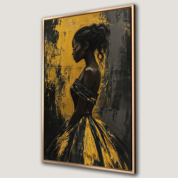 Framed Wall Art featuring an elegant woman in a black and gold dress. Abstract style with a striking black, gold, and gray color palette. Perfect for modern decor.