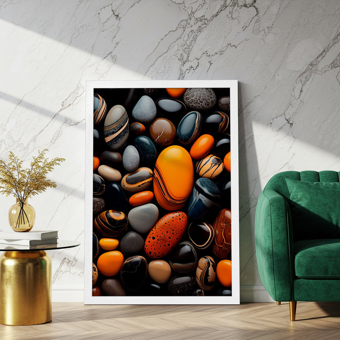 Framed Poster featuring vibrant abstract stones in a modern style. Color palette: orange, black, and earth tones. Perfect wall art!