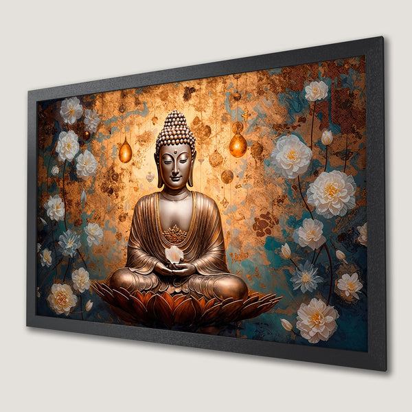 Framed Poster featuring a serene Buddha statue, floral accents, and a gold/teal color palette. Perfect wall art.