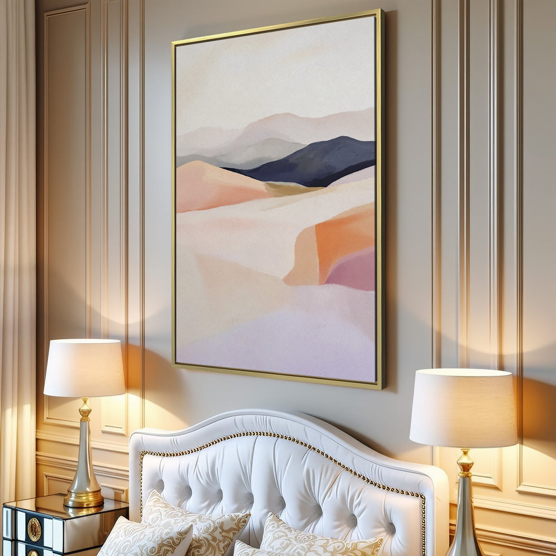 Abstract landscape Canvas Print in a modern interior. Features a soft, pastel color palette of peach, lavender, and blue. Perfect wall art!