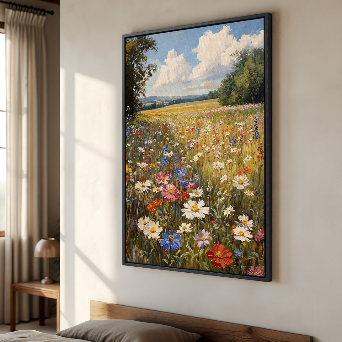 Framed Wall Art: Impressionistic wildflower meadow painting. Colorful canvas print with vibrant blues, yellows, greens, and reds. Perfect for adding a touch of nature to your home.