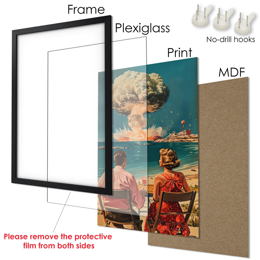 Framed Poster featuring a retro atomic scene in a vibrant, vintage style with a blue, red, and beige color palette. Perfect wall art!