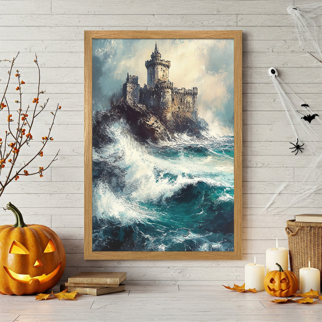 Framed Poster featuring a dramatic castle on a cliff, with a teal and beige color palette. Perfect wall art for your home!