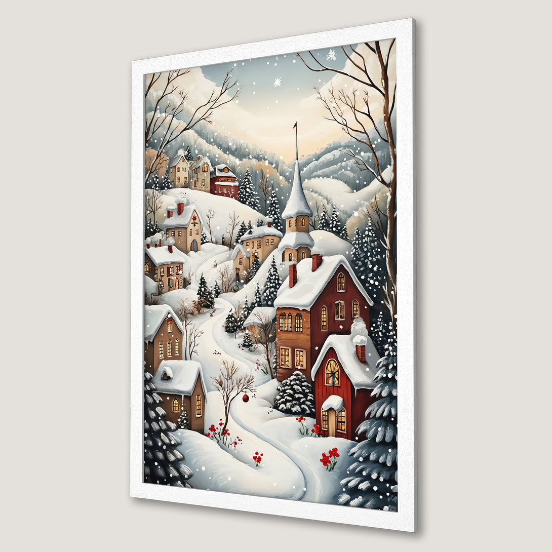 Framed Poster featuring a cozy winter village scene. Watercolor style with a warm, inviting color palette of reds, browns, and whites. Perfect holiday decor!