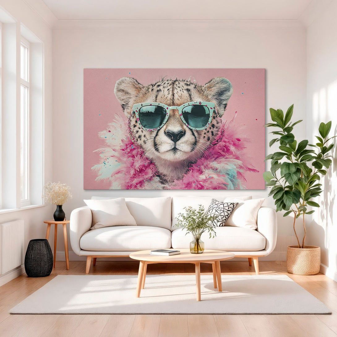 Framed Wall Art: Chic cheetah portrait in sunglasses with pink and teal accents. Modern, vibrant Canvas Print for stylish home decor.