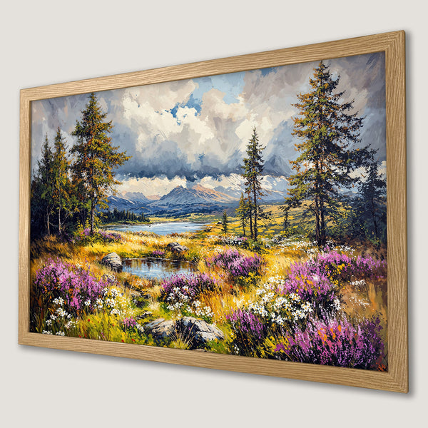 Framed Poster of a vibrant landscape painting with a lake, mountains, and colorful wildflowers. A beautiful addition to any home decor!