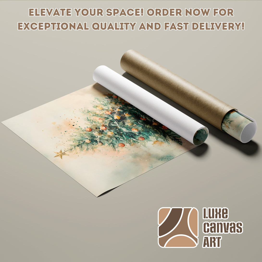 Poster Roll of Watercolor Christmas Tree Art, soft colors, perfect for holiday decor.