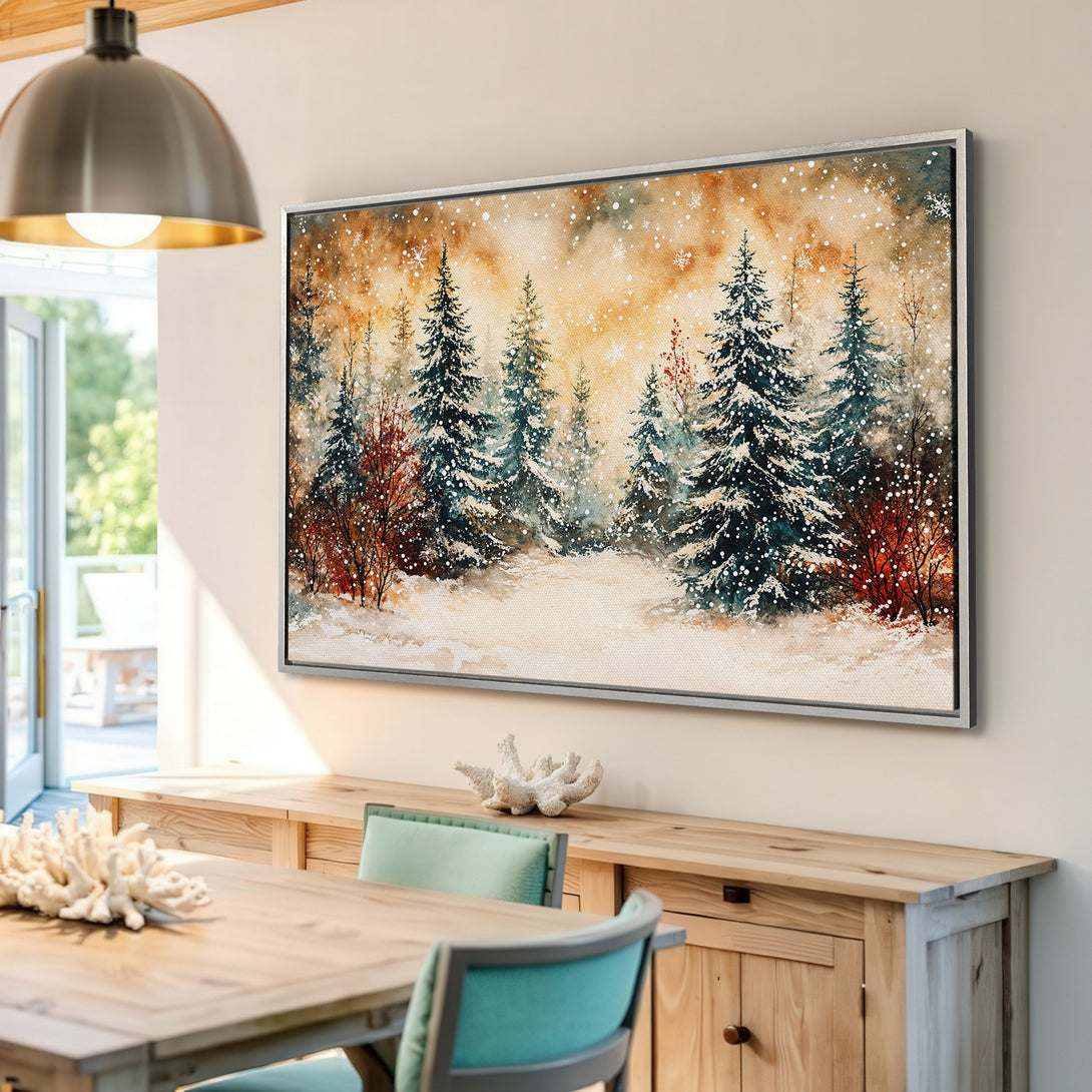 Framed Wall Art: Winter forest scene in watercolor style. Featuring evergreen trees, snow, and a warm color palette. Perfect for cozy home decor.
