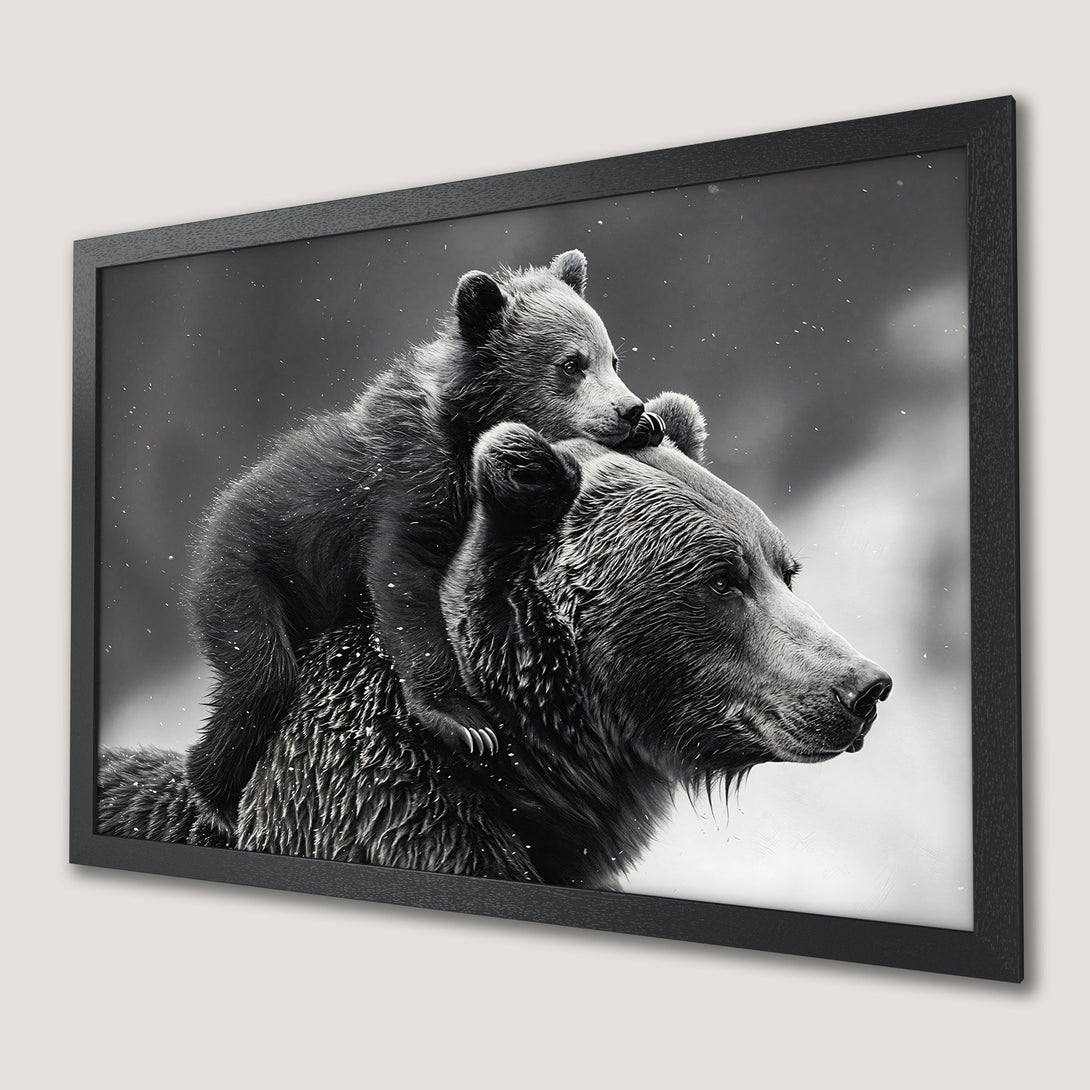Framed Poster featuring a bear and cub in a monochrome style. Perfect for nature lovers, this art print adds a touch of wildlife to your decor.