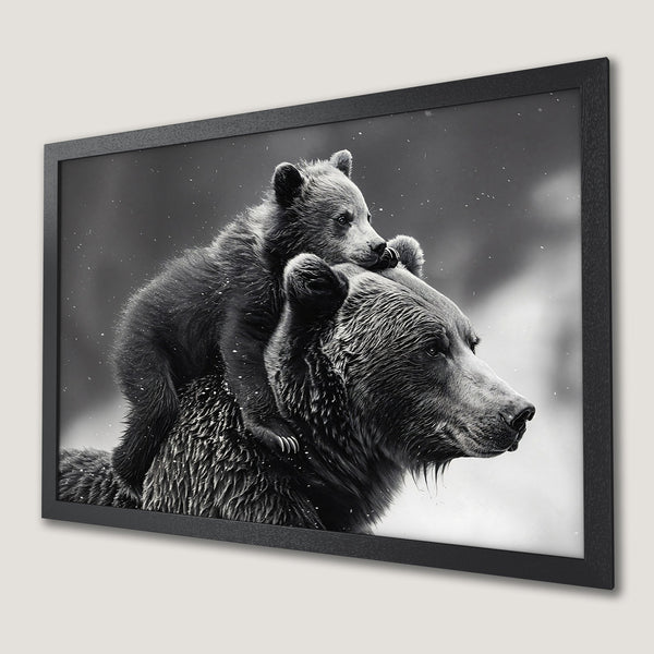 Framed Poster featuring a bear and cub in a monochrome style. Perfect for nature lovers, this art print adds a touch of wildlife to your decor.