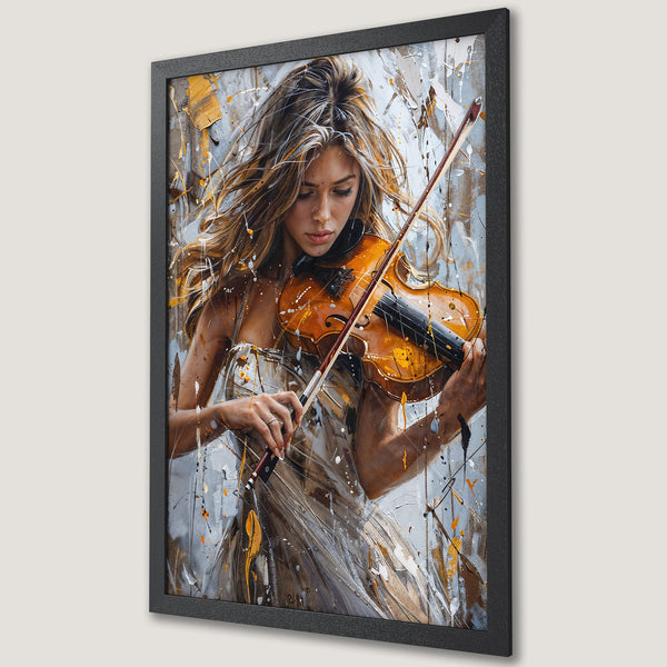Framed Poster of a woman playing violin. Abstract art style with a palette of gold, gray, and white. Perfect wall decor.