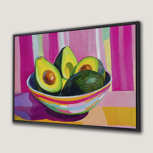 Framed Wall Art: Colorful avocado painting in a modern, vibrant style. Featuring a bold pink and green palette, perfect for kitchen or dining room decor.