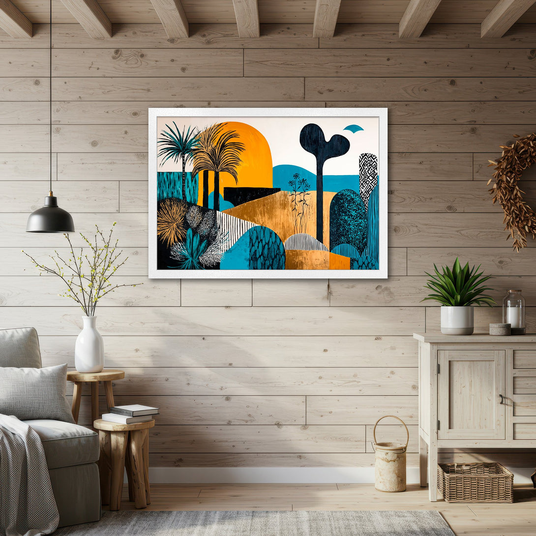 Framed Poster featuring a vibrant abstract landscape in teal, orange, and black. Modern art style, perfect for home decor.