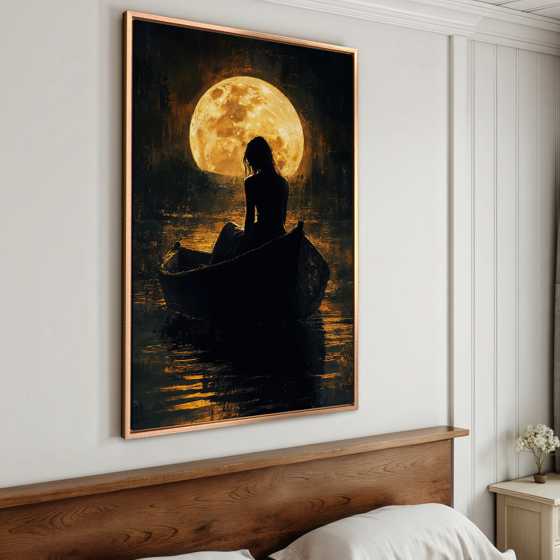 Framed Wall Art: Silhouette of a woman on a boat under a moon, warm gold and black palette. Perfect for bedroom decor!
