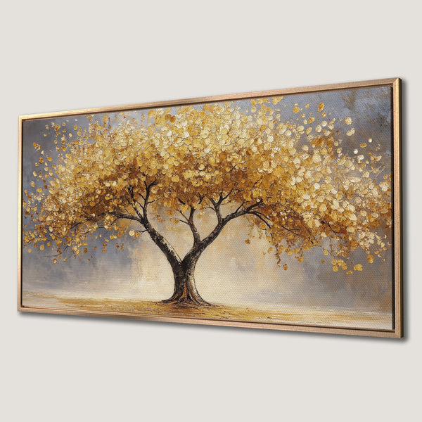 Framed Wall Art: Stunning gold leaf tree painting on canvas. Elegant, modern art with a warm neutral color palette. Perfect for living room decor.