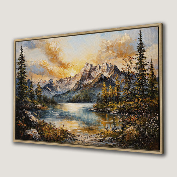 Framed Wall Art: Mountain lake landscape painting in warm tones. Perfect for adding a touch of nature to your home decor.