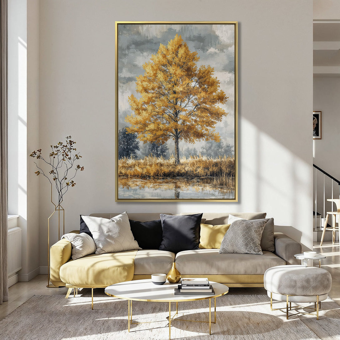 Canvas Print featuring a vibrant autumn tree landscape in warm yellow and grey tones, perfect for adding a touch of nature to your home decor.