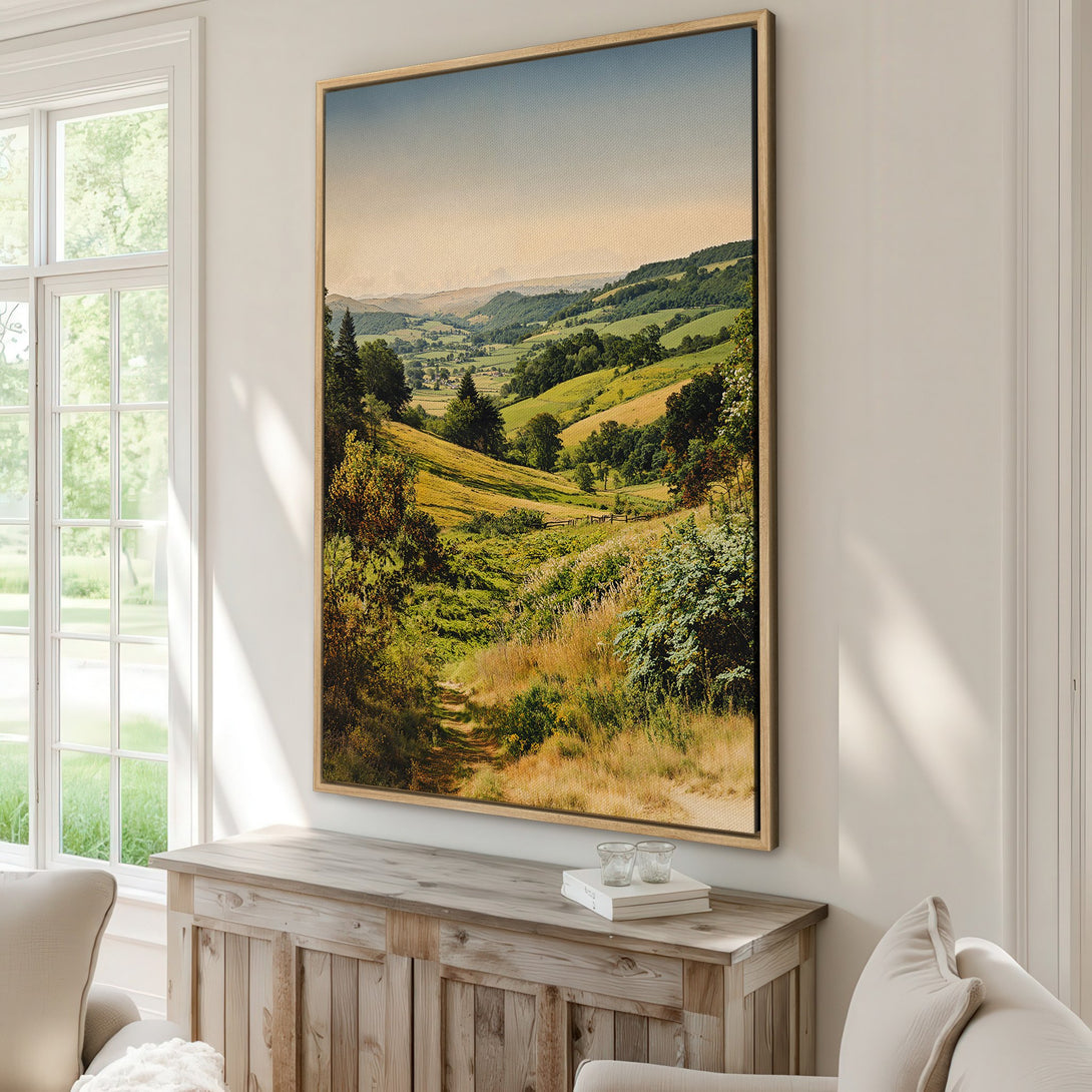 Framed Wall Art: Landscape Canvas Print of a serene valley scene with green and gold hues, creating a calming and inviting atmosphere for any home.