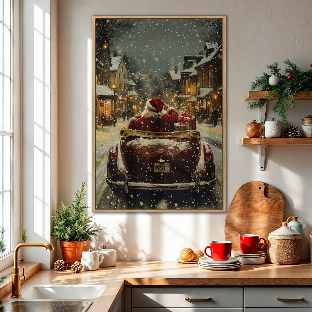 Framed Wall Art: Santa in a classic car on a snowy street. Warm, vintage-style artwork with a cozy, festive color palette for your home.