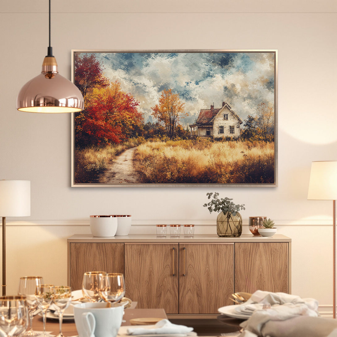 Framed Wall Art featuring a rustic landscape with a house, warm autumn colors. Perfect for adding cozy charm to your home.