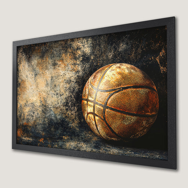 Framed Poster of a basketball in grunge style, with a warm, earthy color palette. Perfect wall art!