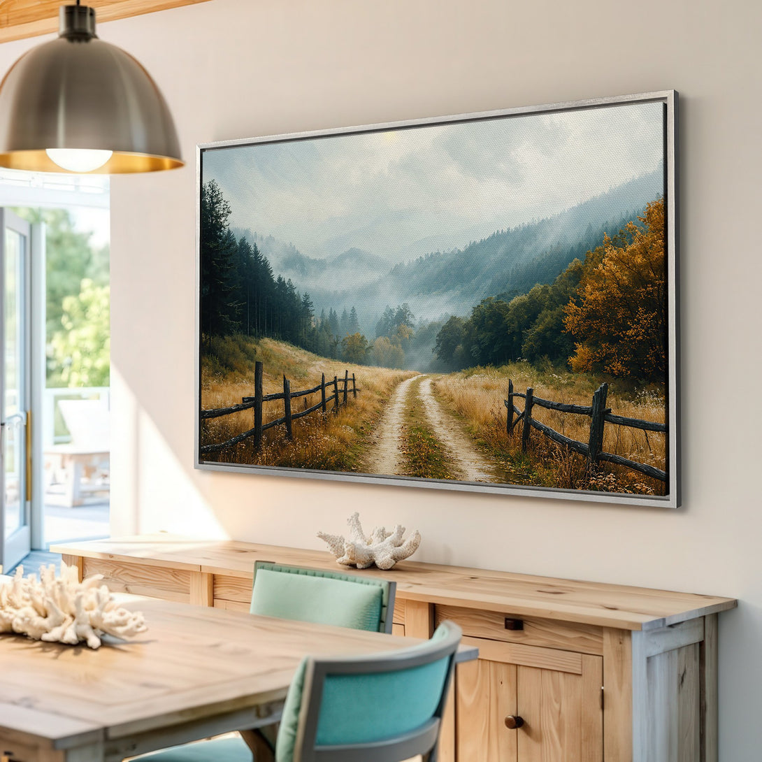 Framed Wall Art: Serene landscape Canvas Print with a misty forest scene in muted greens, yellows, and browns. Perfect for adding a touch of nature.