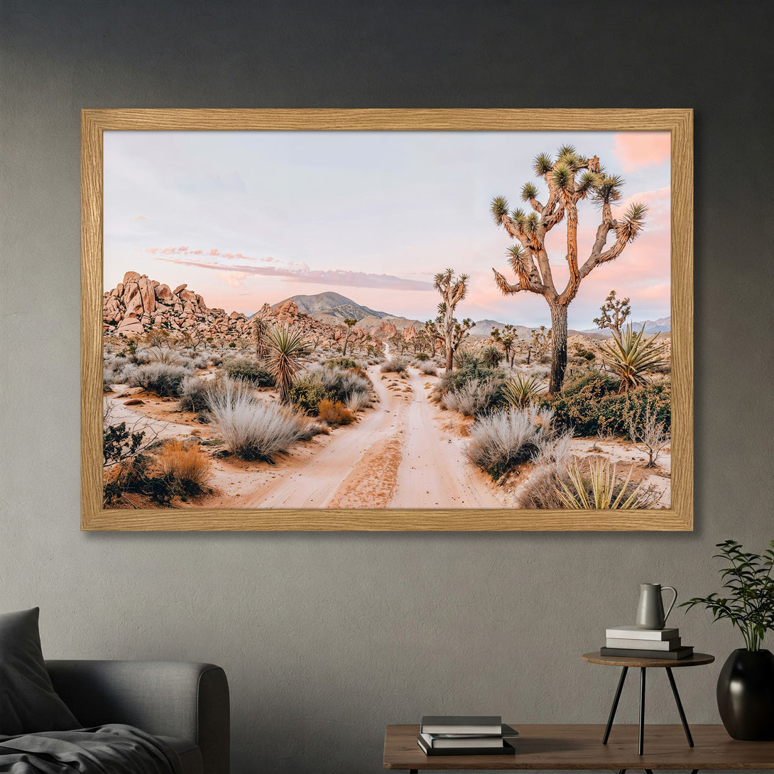 Framed Poster of Joshua Tree landscape in warm desert tones. Perfect wall art for a modern home!
