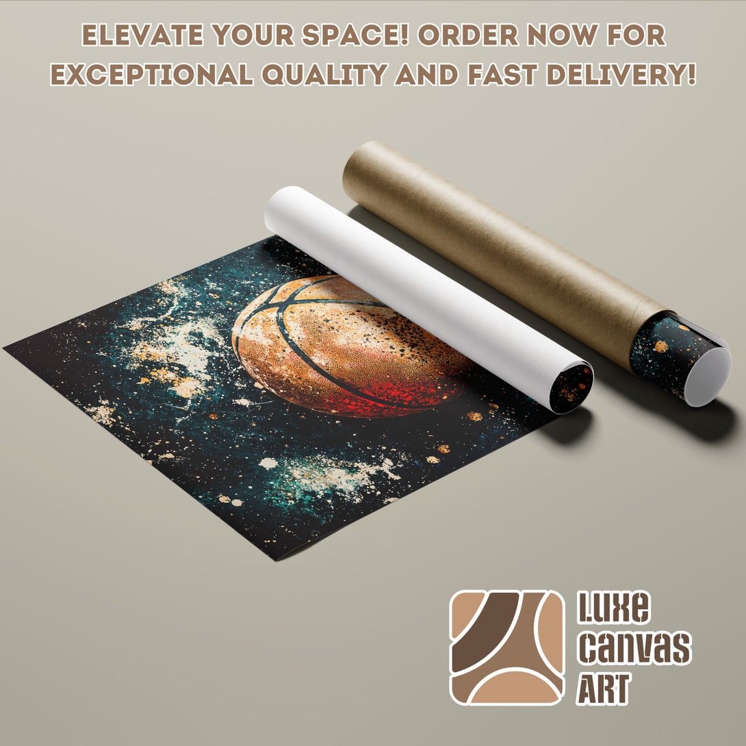 Basketball Poster Roll, space art style, dark blue, brown & white color palette. Elevate your space today!