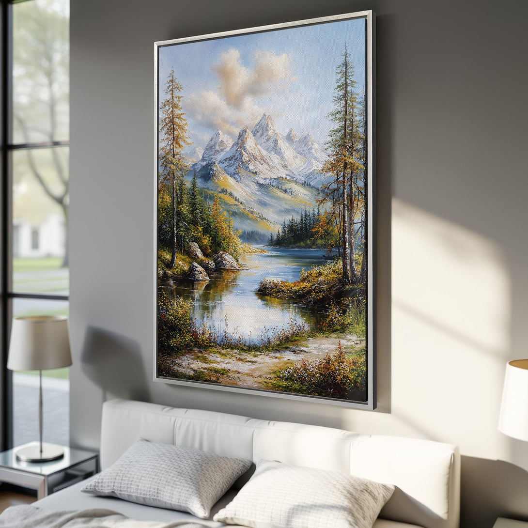 Framed Wall Art: Mountain landscape canvas print in a bedroom. Oil painting style with blue, green, and white color palette. Perfect for adding a touch of nature.