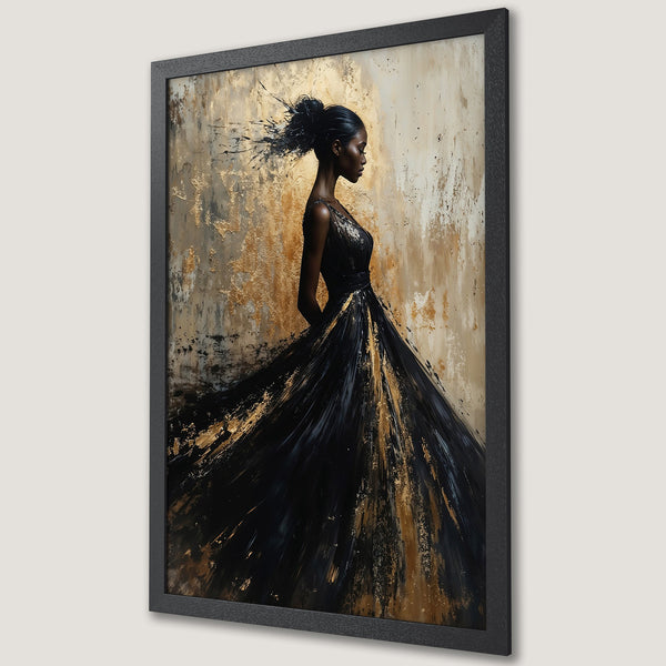 Framed Poster: Abstract art of a woman in a black dress, gold and black color palette. Elegant decor for your home.