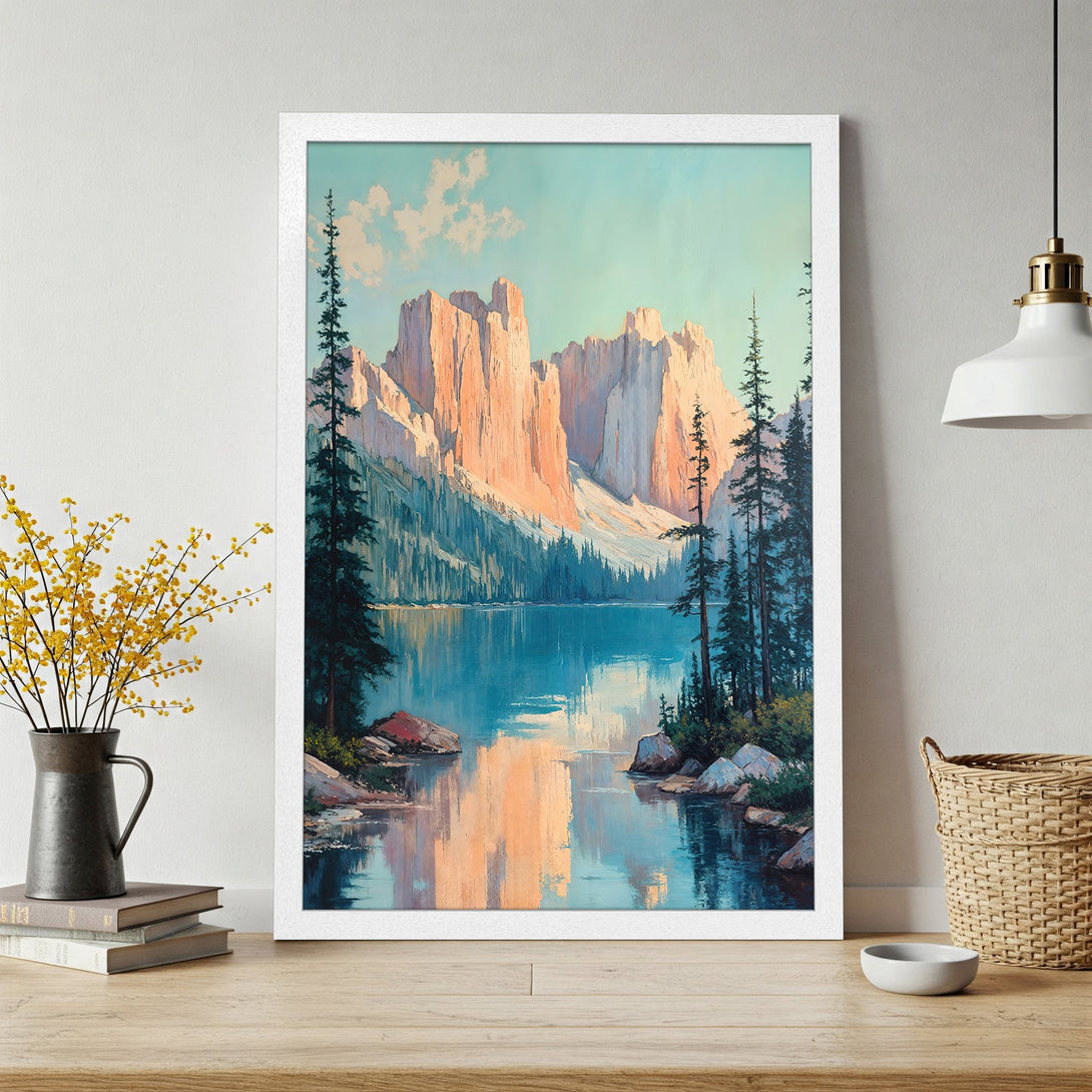 Framed Poster of a serene mountain lake landscape, artistic style with teal, peach, and blue color palette. Perfect wall art.