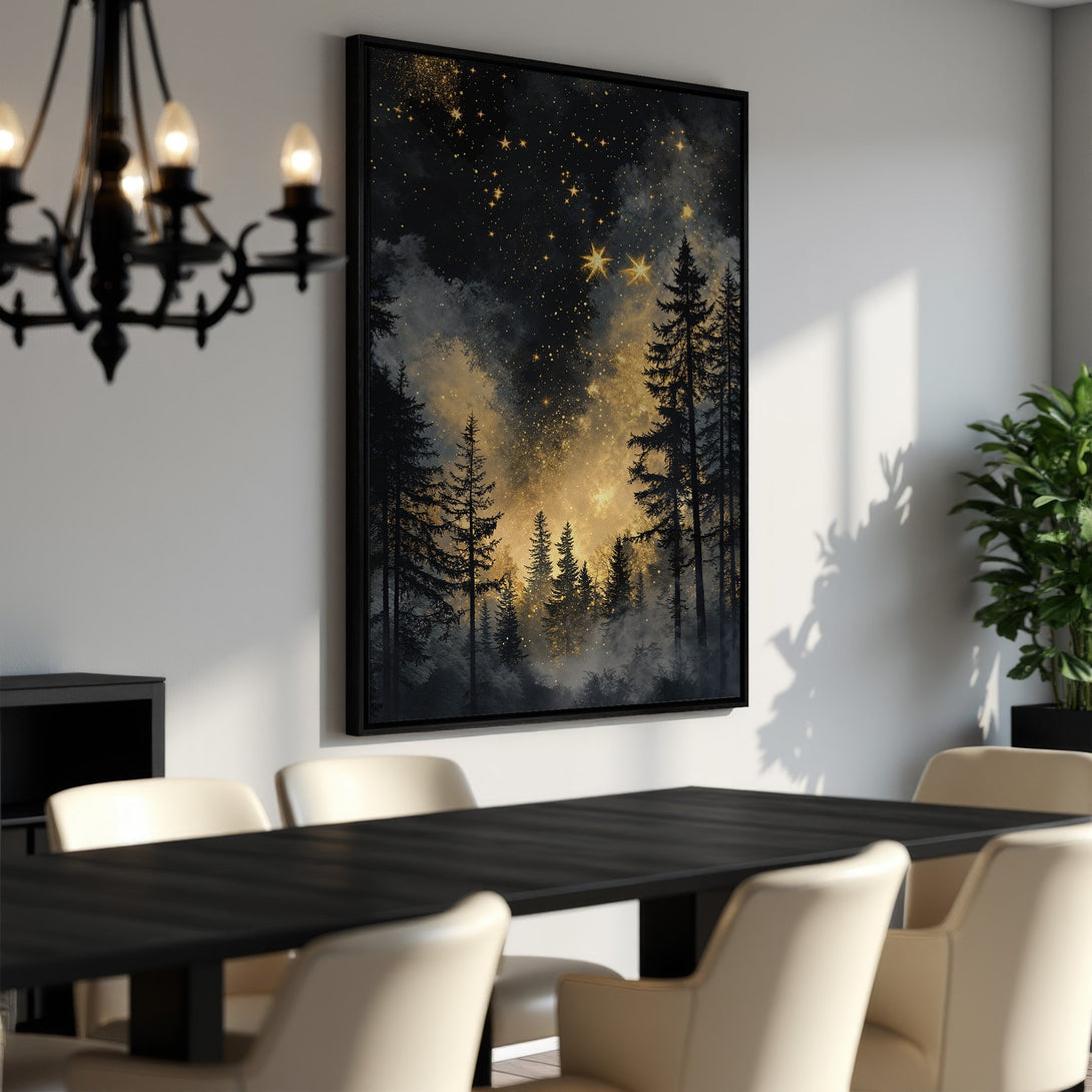 Framed Wall Art: Forest scene Canvas Print with a starry night sky. Black and gold color palette, perfect for adding a touch of nature's beauty to your decor.