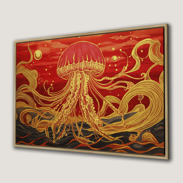 Framed Wall Art: Stunning jellyfish art in a bold red and gold palette. Add a touch of elegance with this unique canvas print. Shop now!